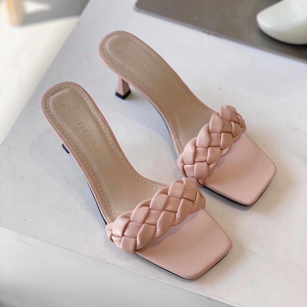 Dép cao gót nữ Quai thắt bính, guốc nữ thời trang fom chuẩn size  gót cao 7p màu xanh, đen và kem, tím CG-0396