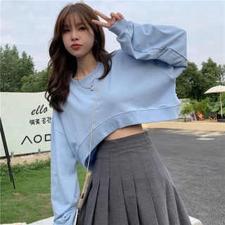 Áo Crop Top Cổ Tròn Thấm Hút Mồ Hôi Phong Cách Hàn Quốc Mới 2024 Hàn Quốc vòng cổ rắn màu ngắn tay áo dài phụ nữ vệ sinh
