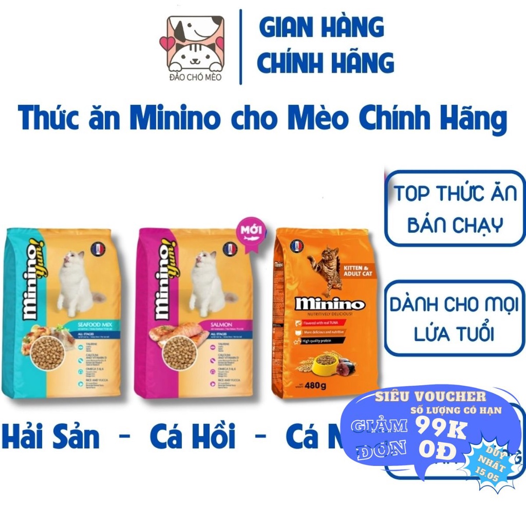 [Mã SKAMLTSM9 giảm 10% đơn 99K] Thức ăn cho mèo Minino Tuna Flavored 480gr, 3 vị Minino - Đảo Chó Mèo
