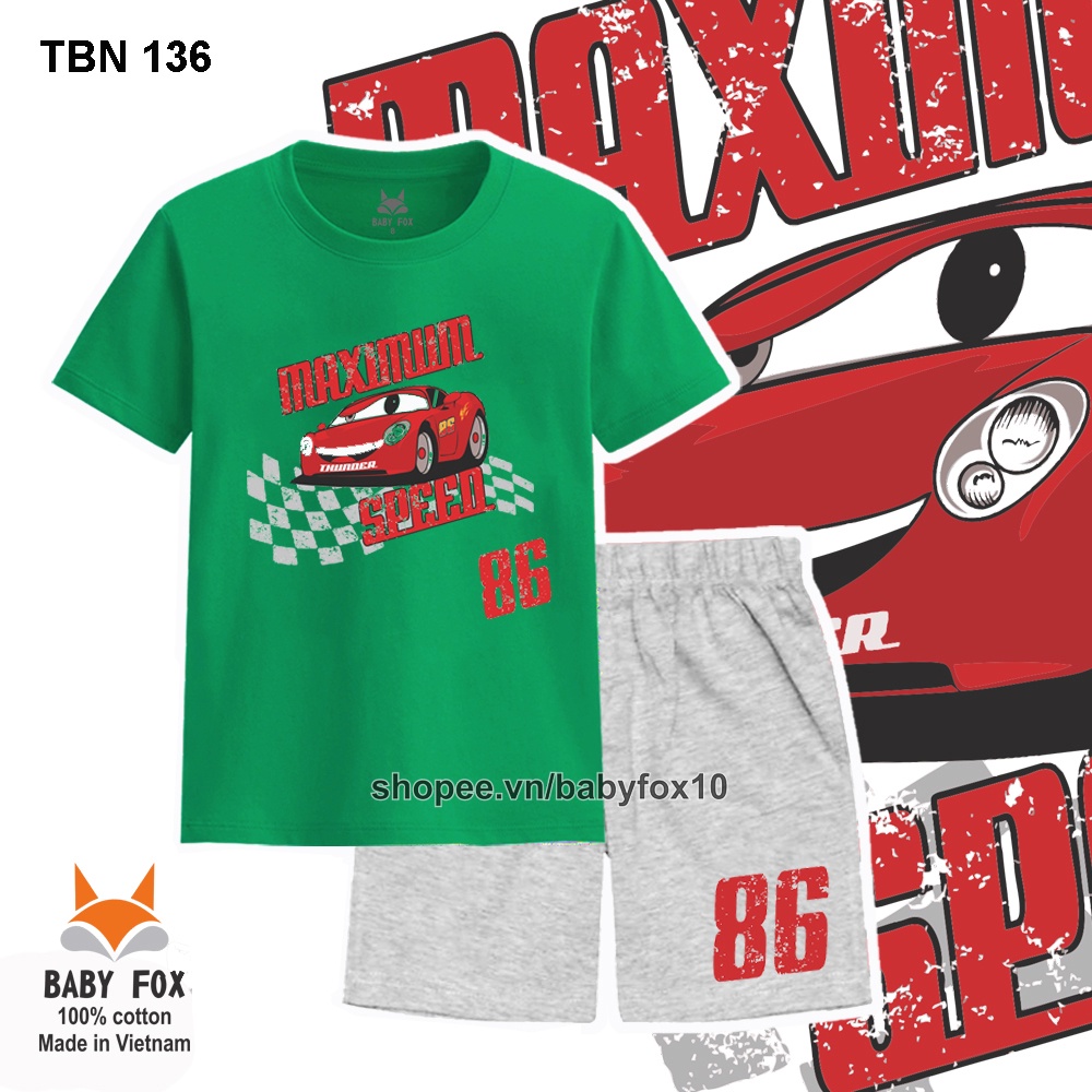 Bộ thun bé trai size nhỏ, trung, đại 100% cotton loại tốt, thương hiệu BABY FOX, hình xe hơi d