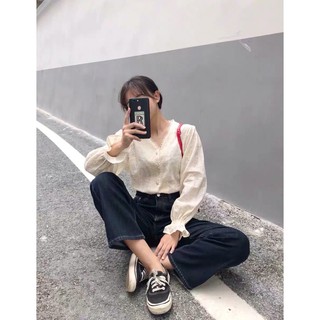 [Order] Áo sơ cổ V đính ren tay dài bo (ảnh thật)