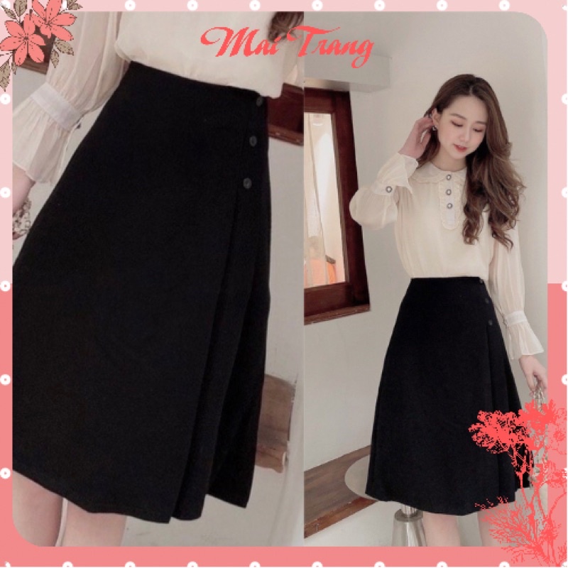 Chân váy công sở dài chữ A lưng cao, chân váy dài qua gối dập ly dáng xoè màu đen đẹp - (CV03)
