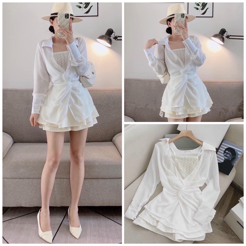 SET 3 món Áo Sơ Mi mỏng xoắn eo kèm Bra 2 dây ren croptop và Quần váy trắng NÀNG CLOSET