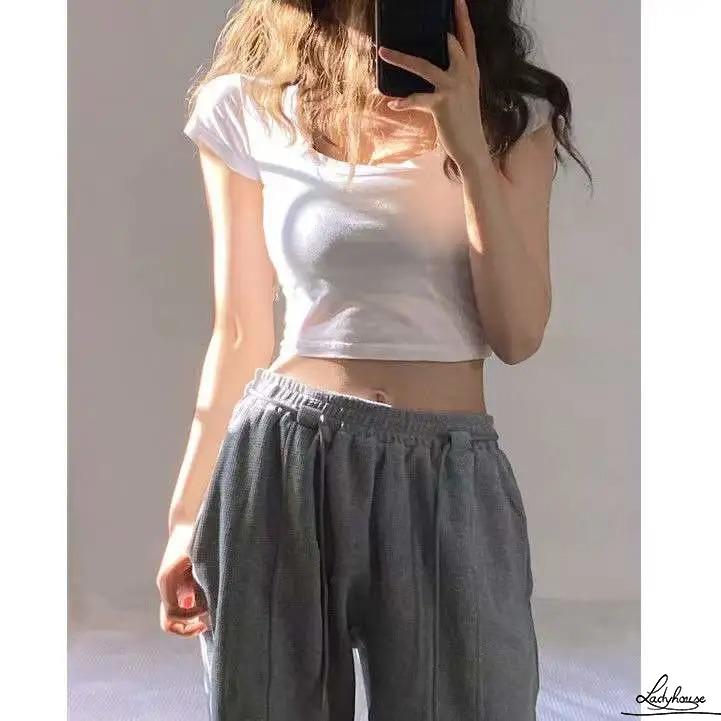 Áo Crop Top Tay Ngắn Cổ Chữ U Màu Trơn Thời Trang Đường Phố Dành Cho Nữ