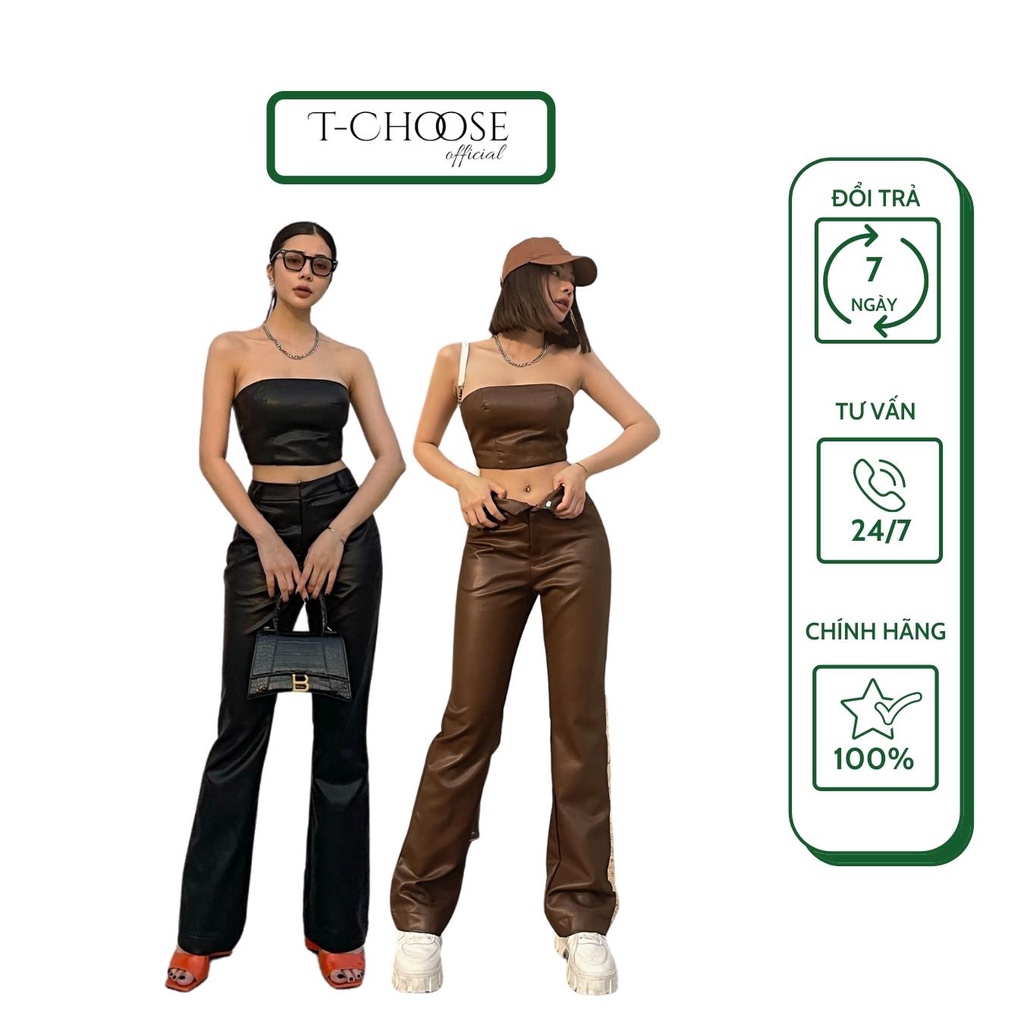 Set Tchoose, set áo da quây cúp ngực và quần da form loe - T717