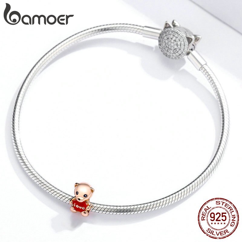 Hạt Charm Bamoer BSC228 Bạc Sterling 925 Thật Hình Chú Gấu Với Trái Tim Đỏ Và Chữ Love Tráng Men Dùng Để Làm Trang Sức