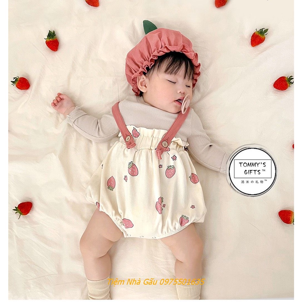 Body Dâu tây Kèm mũ Cho Bé Sơ Sinh Diện Đầy Tháng Thôi Nôi Chụp Ảnh Dự Tiệc Cực Dễ Thương