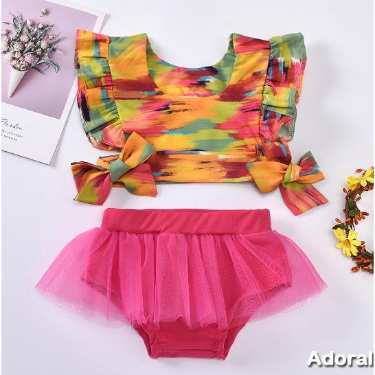 Bộ Áo Croptop Tay Bèo Đính Nơ + Quần Short Vải Lưới Nhiều Màu Thời Trang Mùa Hè Cho Bé Gái 0-12 Tháng Tuổi