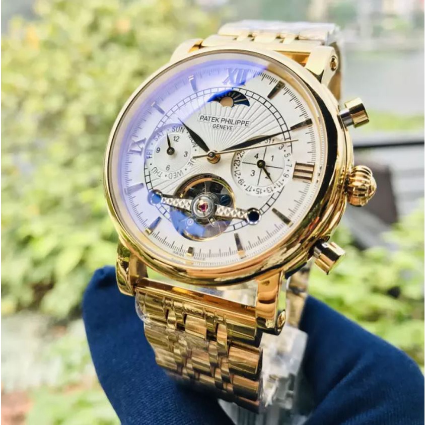 Đồng hồ Patek Nam 3 nút máy nhật, mặt trắng viền vàng, dòng cơ Automatic size 41mm