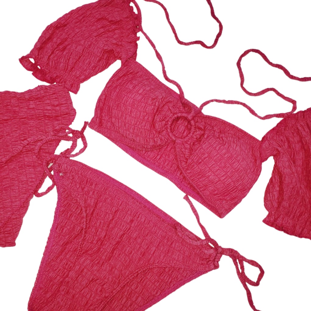 SET 3 MÓN BIKINI, ĐỒ BƠI HAI MẢNH TAY BỒNG TRỄ VAI PHỐI KHOEN ÁO KÈM KHĂN QUẤN SEXY - ODERI BM-110