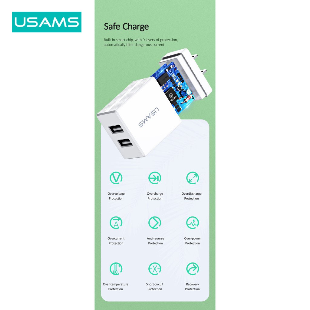 Củ Sạc Nhanh Usams T24 2.1A Cổng đôi USB Tiện Lợi Cho Du Lịch（EU）Travel Charger Cho Cổng USB/Type C/ Micro 2.1A