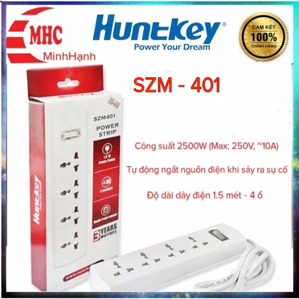 Ổ cắm điện Huntkey SZM401 - 2500W, 4 lỗ 3 chân đa năng, chống sét, cáp 1.5m