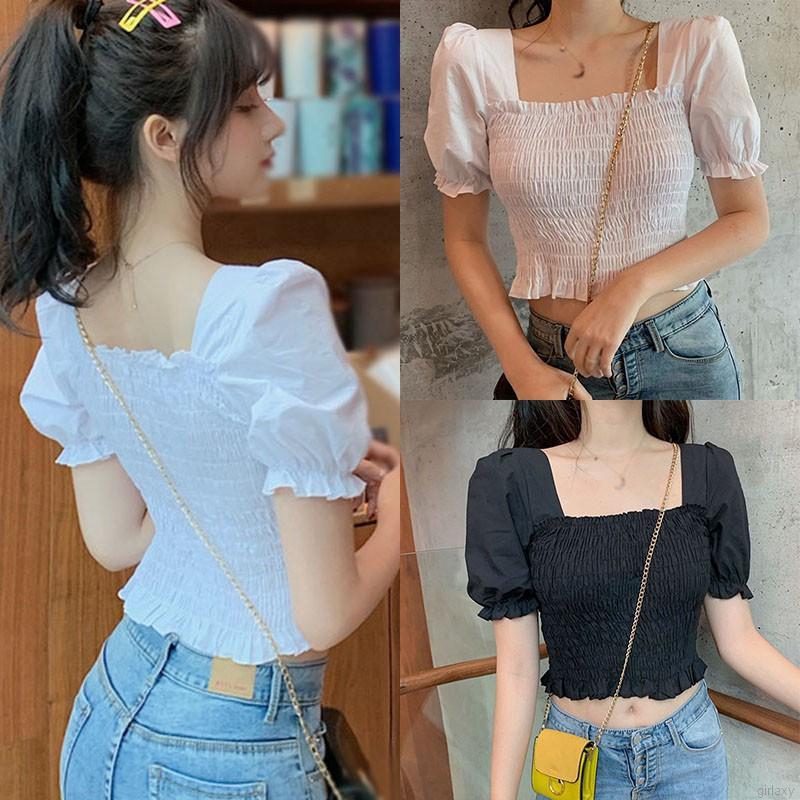 Áo Kiểu Tay Ngắn Cổ Vuông Thời Trang Hàn Quốc Xinh Xắn Dành Cho Nữ
