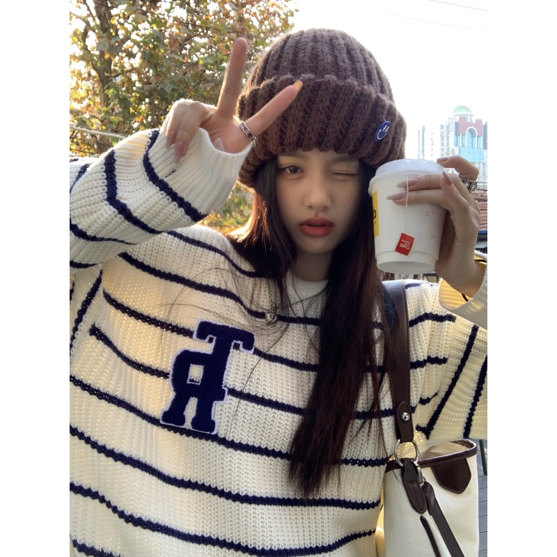 Porozi  Áo sweater dệt kim tay dài dáng rộng họa tiết kẻ sọc thời trang Hàn Quốc xinh xắn cho nữ