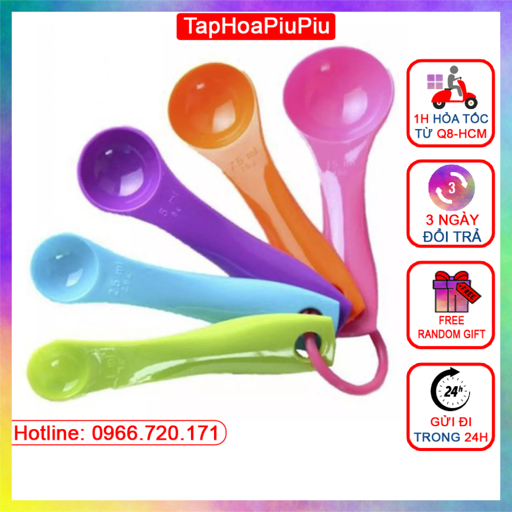 COMBO 5 MUỖN ĐONG GIA VỊ CHUẨN XÁC - NHIỀU MÀU DÀNH CHO NỘI TRỢ CHUYÊN NGHIỆP (tặng móc treo dán tường 3D)