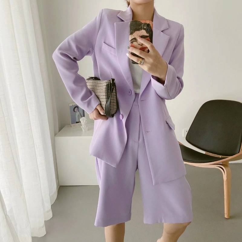 Set Áo Khoác Vest + Quần Dài Ống Rộng Lưng Cao Màu Tím Khoai Môn Phong Cách Hàn Quốc Thời Trang Cho Nữ