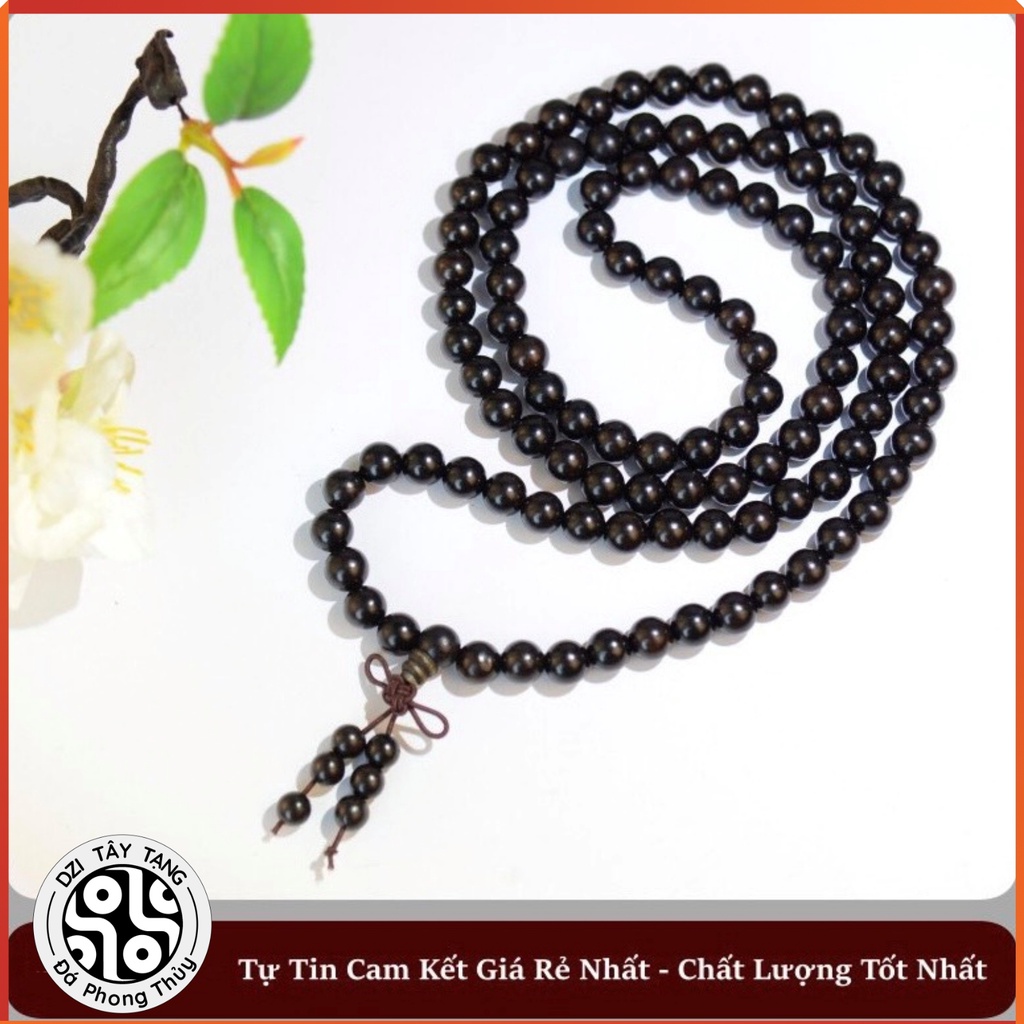 Chuỗi Đeo Tay Vòng Phong Thuỷ 108 Hạt, Gỗ Mân Đuôi Công Gỗ Cánh Gà Tự Nhiên Size 6, Size 8Mm - Dzi Tây Tạng
