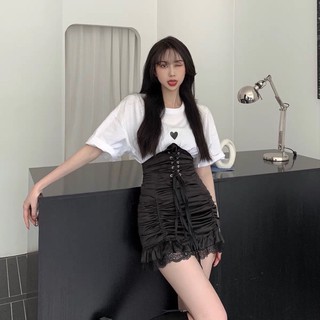 Set áo pull tim + chân váy viền ren đan dây sexy