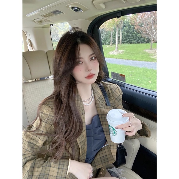 áo blazer kẻ caro + áo ống xếp ly 2021