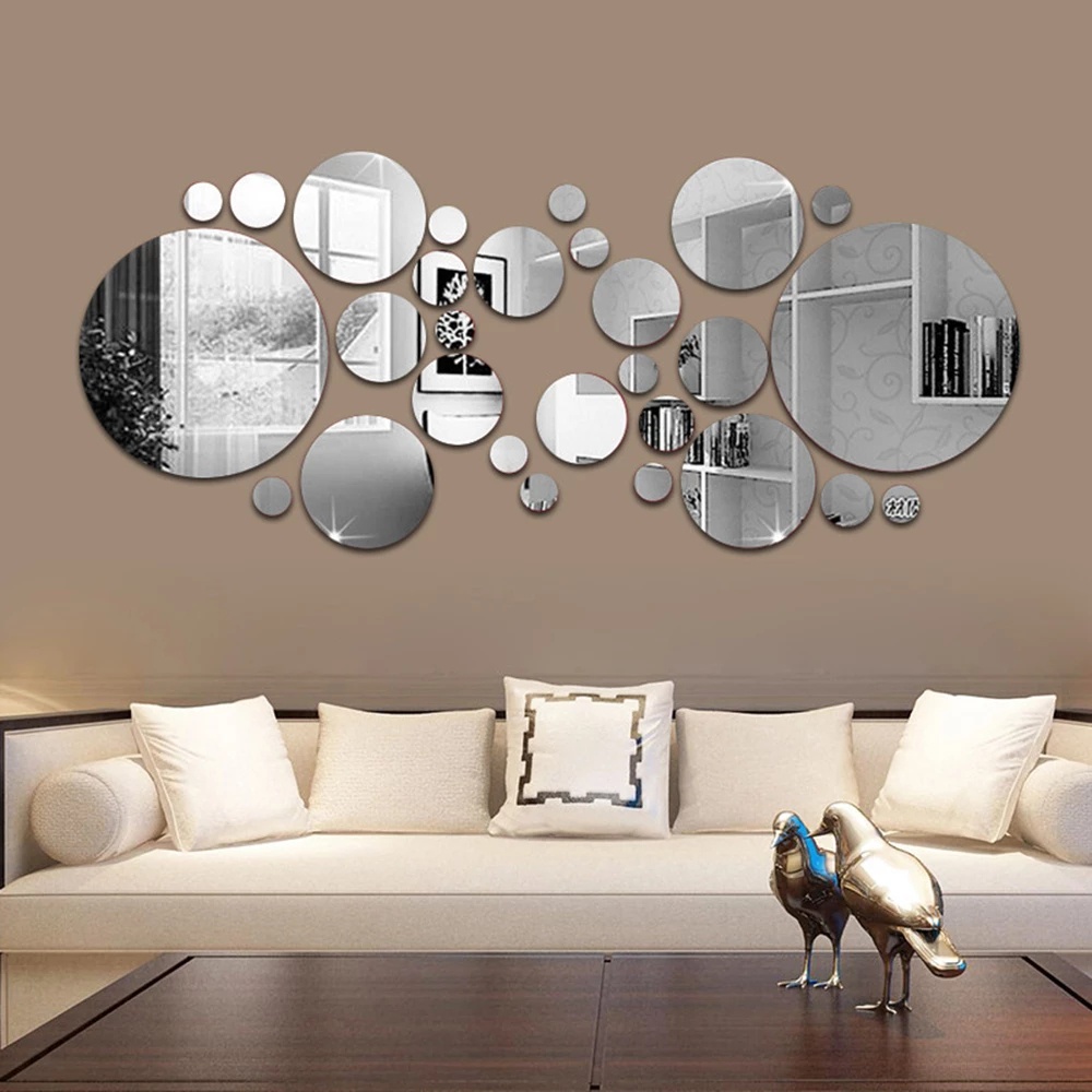 Set 28 miếng dán tường 3D tráng gương hình tròn tùy chọn màu sắc DIY