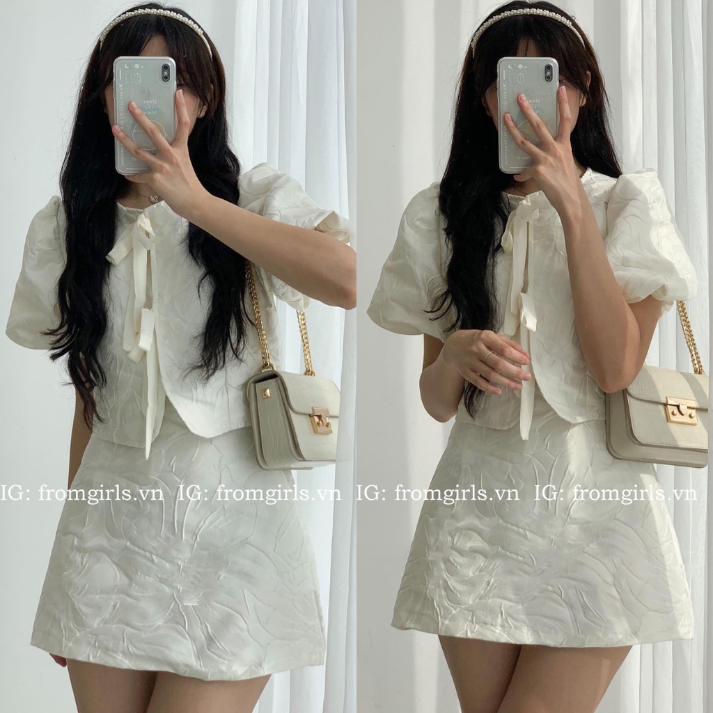 Set gấm áo croptop tay phồng buộc nơ và chân váy chữ A - SET27
