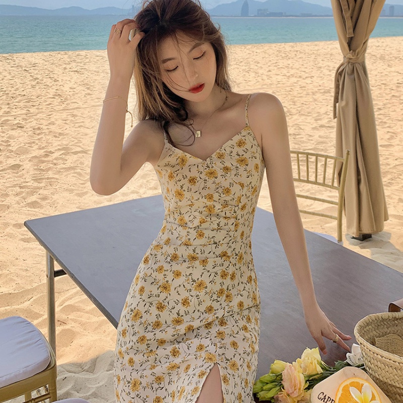Đầm hai dây PERTY họa tiết hoa vàng phong cách Hàn Quốc thời trang mùa hè cho nữ