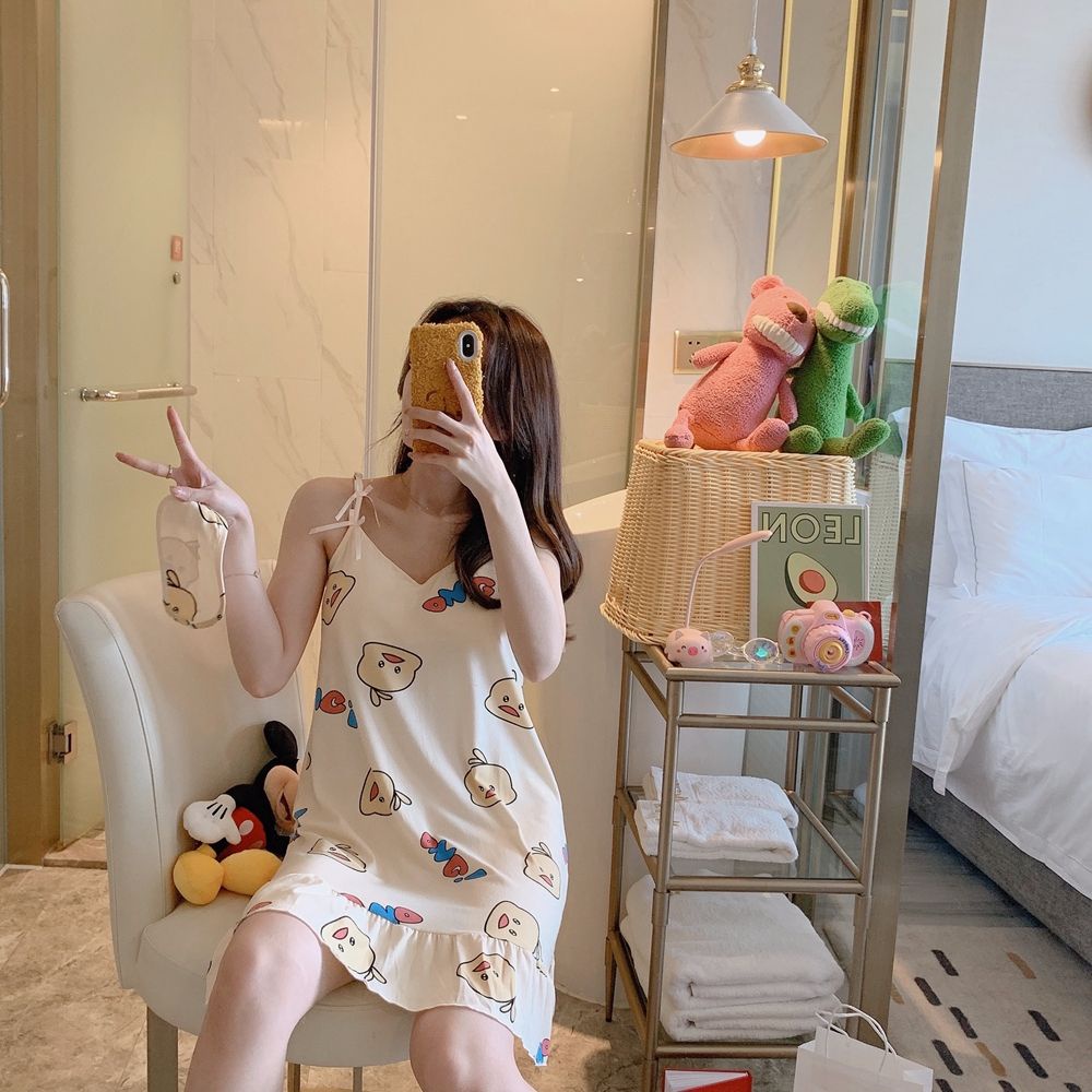 Đầm Ngủ Hai Dây Cổ Chữ V In Họa Tiết Hoạt Hình Dễ Thương Thoải Mái Cho Nữ | BigBuy360 - bigbuy360.vn