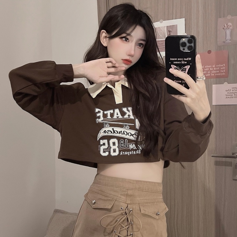 Áo croptop ZHELIHANGFEI cổ polo tay dài phong cách Âu Mỹ quyến rũ cho nữ