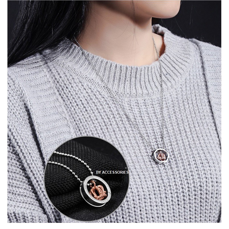 Dây chuyền đôi titan vòng tròn lồng vương miện đính đá không gỉ CN1902