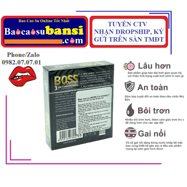 Bao cao su Boss 4 in 1 [100% Real] Gân Gai, Siêu Mỏng, Chống Xuất Tinh sớm, 1 Cái lẻ, 2, 3, 12 Cái, Tuyển Sỉ Toàn Quốc