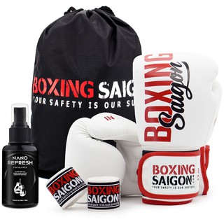 Combo Găng Tay Boxing Saigon + Băng Tay 4m5 (tặng túi rút & xịt) - White/Red