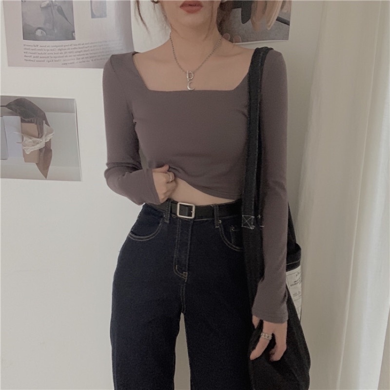 Áo Croptop body Cổ Vuông tay dài NTNshop. siêu tôn dáng (ap)