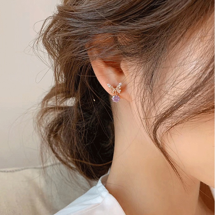 Khuyên tai RINHOO mạ bạc 925 kiểu bướm đính đá thời trang dành cho nữ