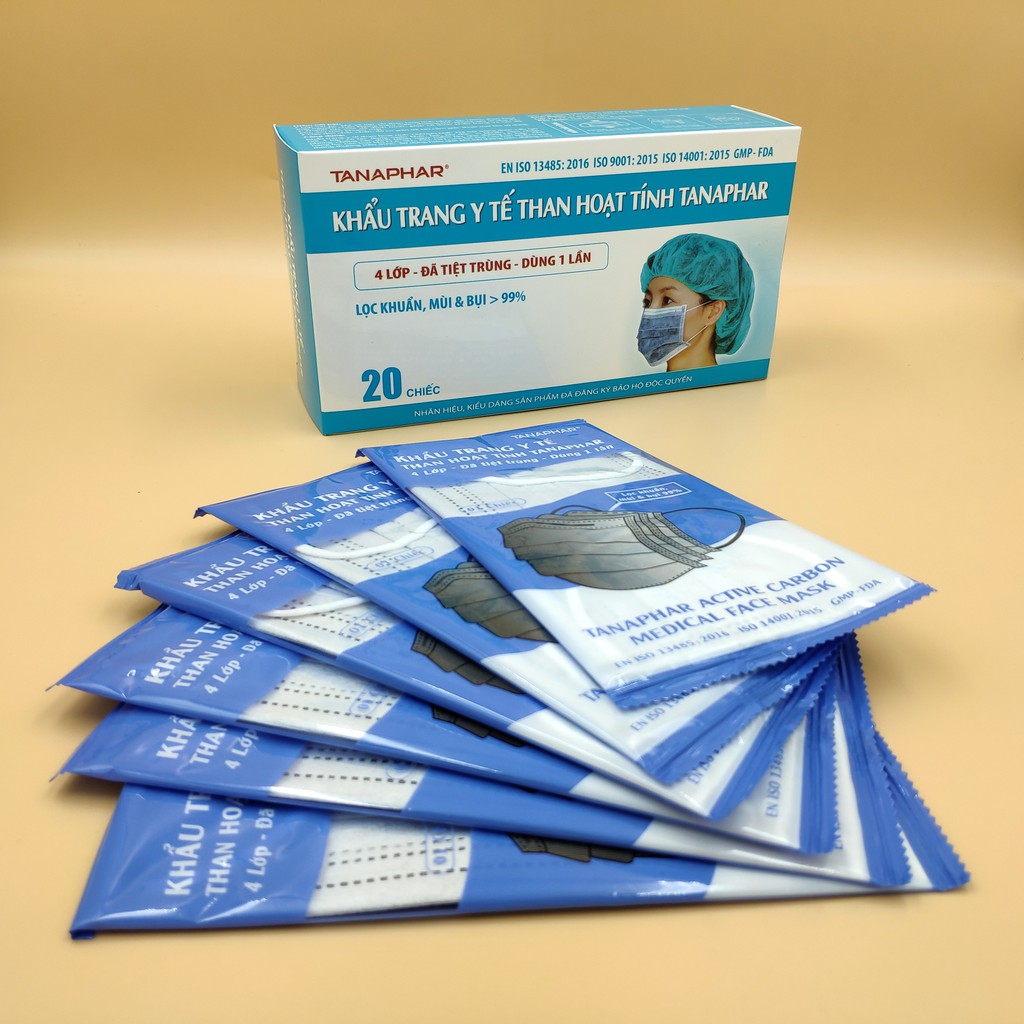 Khẩu trang y tế than hoạt tính Tanaphar 4 lớp - Hộp 20 chiếc tiệt trùng | BigBuy360 - bigbuy360.vn