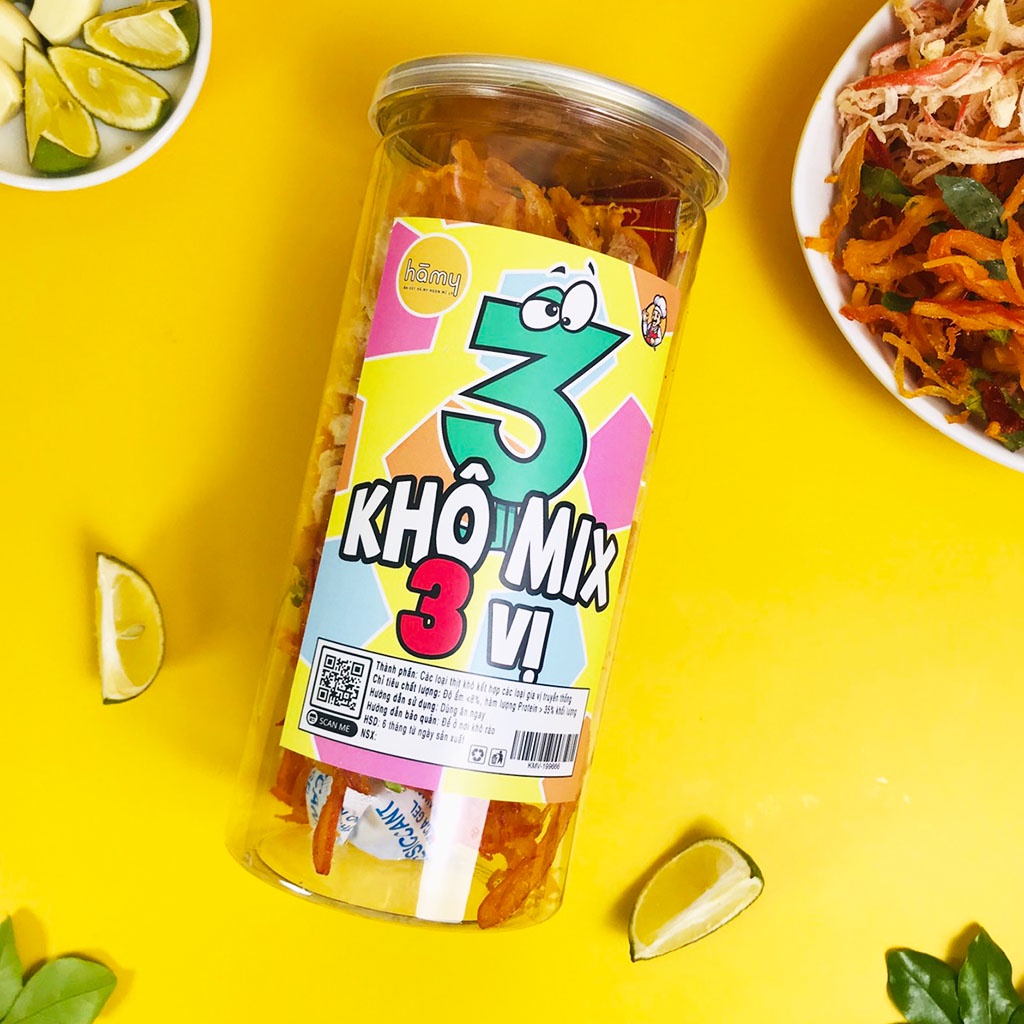 Khô mực mix 3 vị (mực sốt tomyum, mực sốt bơ tỏi, mực hấp dừa) hũ 300g, đồ ăn vặt Hà My