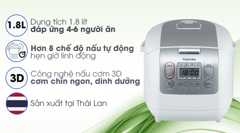 Nồi cơm điện tử Toshiba 1.8 lít RC-18NMFVN(WT)mới 100%,Lồng nồi hợp kim nhôm phủ chống Diamond Tit