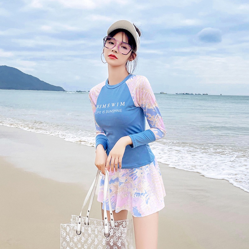 Bikini Dài Tay Đồ Bơi Nữ Dạng Váy LUHAZO Kiểu Hàn Quốc 2022 Hoa Xanh Hai Mảnh Cạp Cao Quảng Châu 8228 A-9