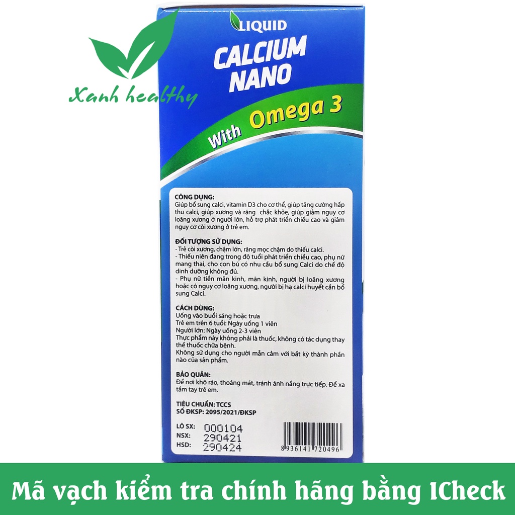 Viên uống canxi từ tảo biển Liquid Calcium Nano - bổ sung canxi, vitamin D3, K2 cho bà bầu, trẻ em - Hộp 100v