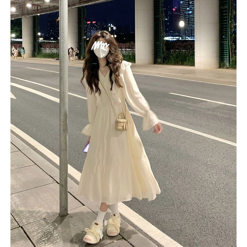 Váy babydoll Đầm Dài Eo Cao Tay Dài Diềm Xếp Nếp Cao Cấp Thiết Kế Mới Mùa Thu 2022 Phong Cách Pháp Cho Nữ