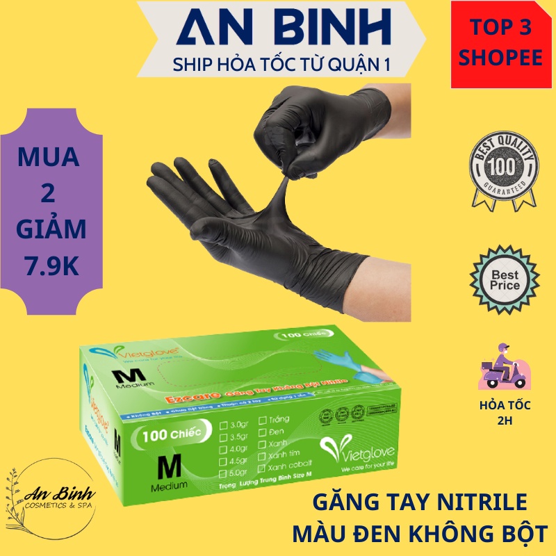 (Q1-HCM) Găng Tay Y Tế MÀU ĐEN Vietglove (Hộp 100 chiếc) Nitrile Không Bột