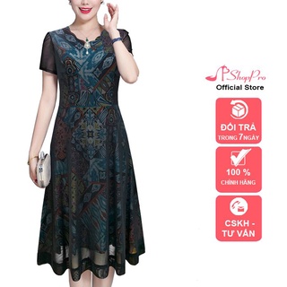 SHOPPRO - ĐẦM XÒE TRUNG NIÊN KIỂU ĐẦM LƯỚI THUN CỔ GỢN SÓNG PHỐI PHỤ KIỆN SANG TRỌNG 3332 3323