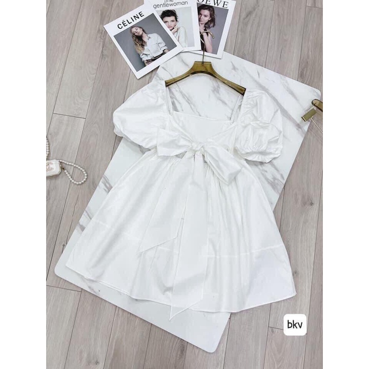 [ SIÊU PHẨM 2022] Váy BaByDoll cổ vuông tay phồng nơ lưng màu xanh Cốm - Hồng - ZADOLA FASHION