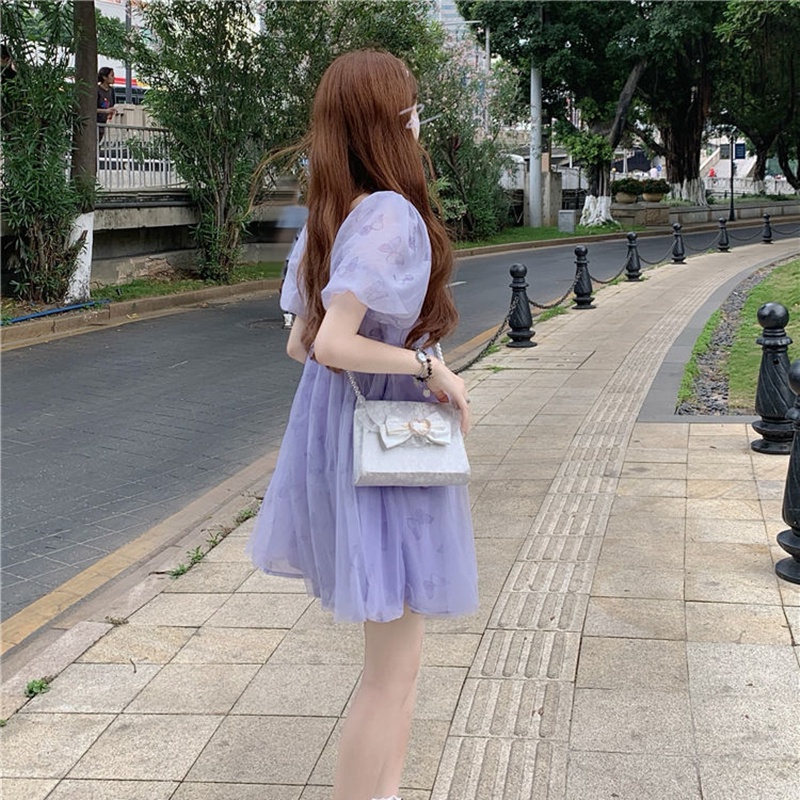 Đầm chiffon ZHELIHANGFEI tay phồng cổ vuông họa tiết bướm xinh xắn