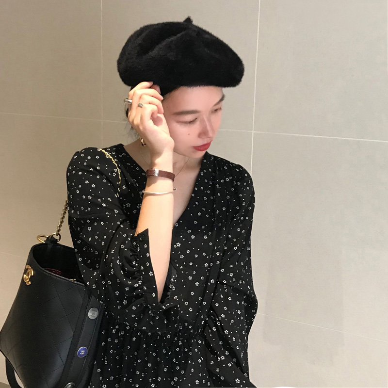 Xiaozhainv Đầm dài tay cổ V họa tiết thời trang phong cách Hàn Quốc xinh xắn | BigBuy360 - bigbuy360.vn