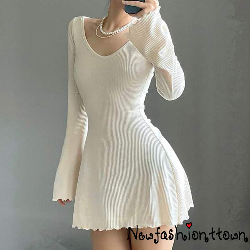 Đầm Dáng Chữ A Tay Dài Cổ Chữ V Màu Trơn Thời Trang Mùa Hè Cho Nữ