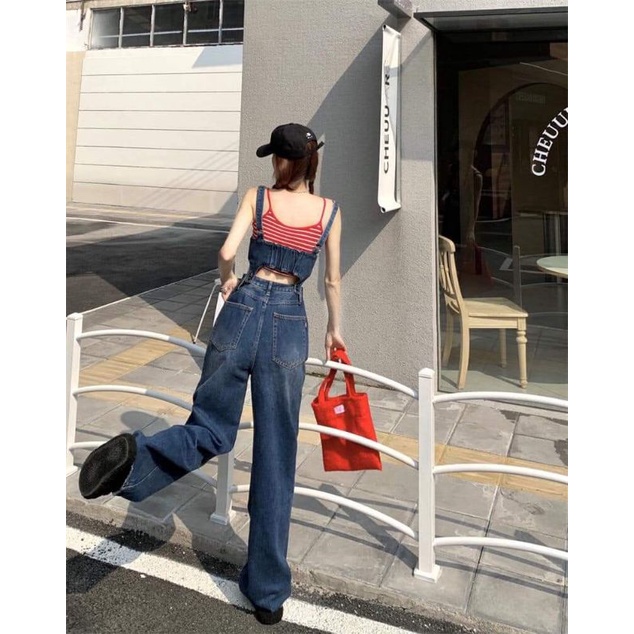 Yếm Quần Jeans Trơn Ống Rộng Tách Rời Hai Chi Tiết Phong Cách Hàn Quốc ❤️