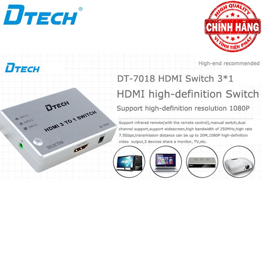 Switch bộ chia HDMI 3 vào 1 ra (3 máy tính ra 1 màn hình) Dtech DT-7018