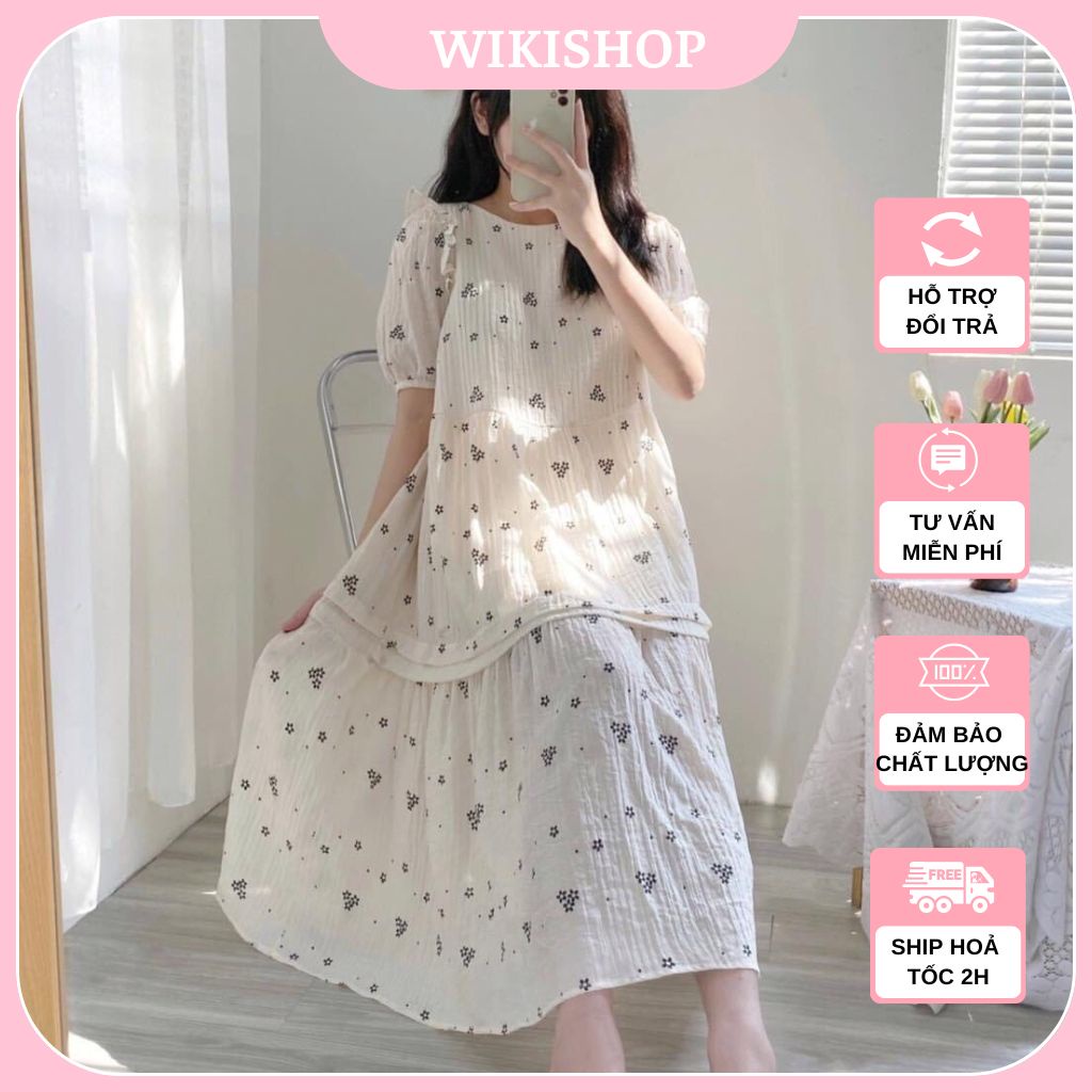 Đầm babydoll dáng dài, váy đầm nữ dáng suông hoạ tiết hoa nhí be freesize phom rộng tiểu thư hàn quốc Wikishop C1001