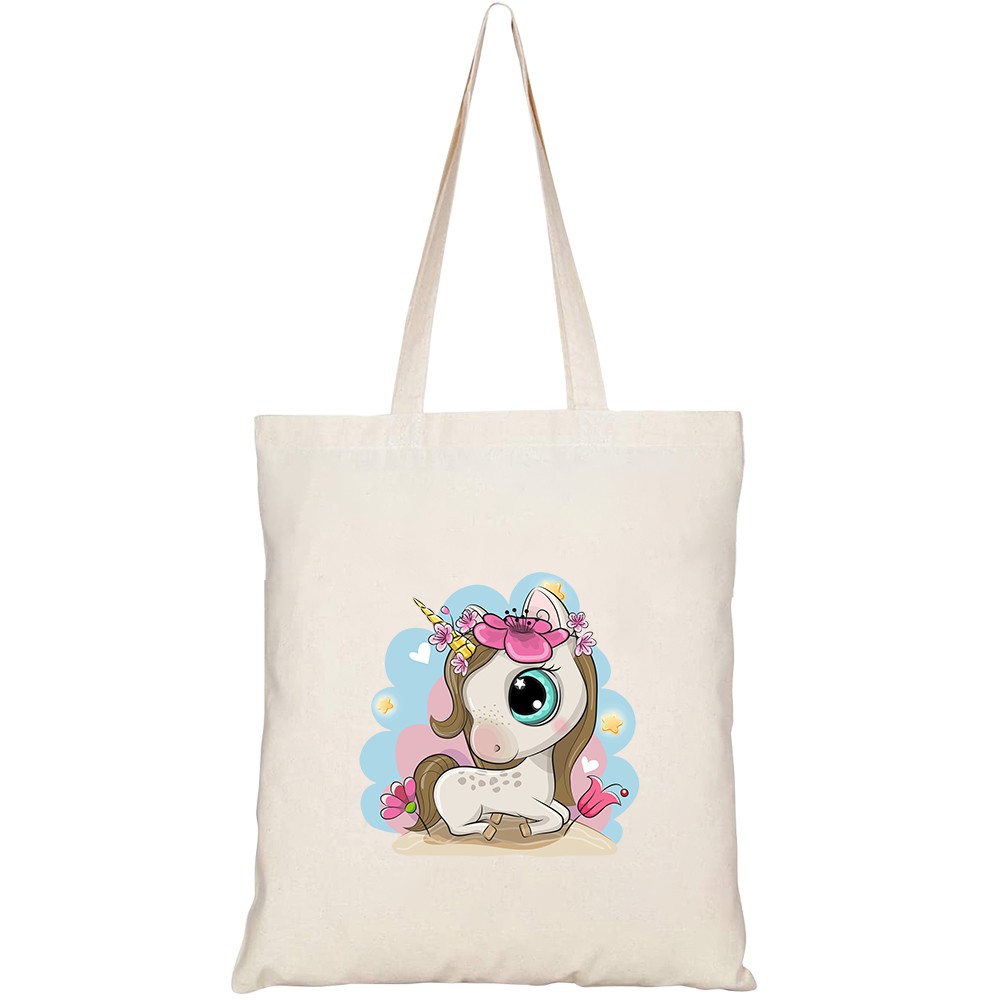 Túi vải tote canvas HTFashion in hình cute cartoon unicorn flowers on HT340