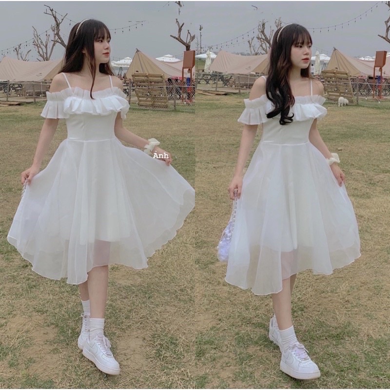 Váy trắng công chúa trễ vai dây xếp ly ngực dự tiệc kỉ yếu prom, đầm xoè tiểu thư rớt vai chất đẹp tiệc cưới cô dâu